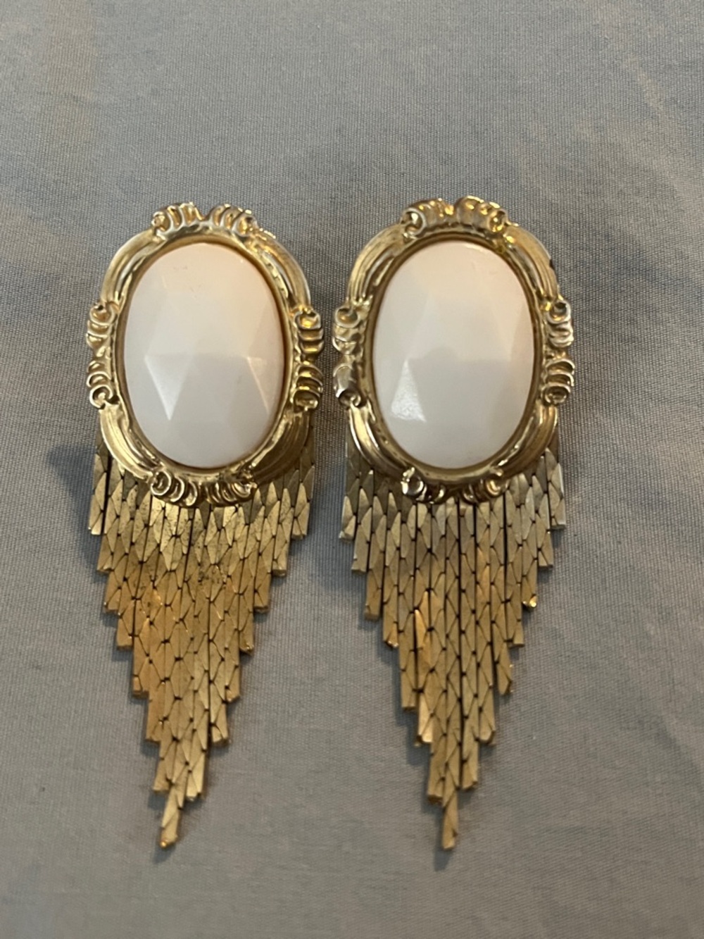 Vintage Gold-Tone Fringe Earrings with White Oval Cabochon